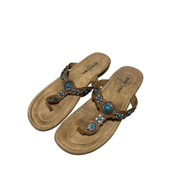 Minnetonka Turquoise Southwestern‎ Studded Thong Sandals Women’s Size 7 - Picture 1 of 5